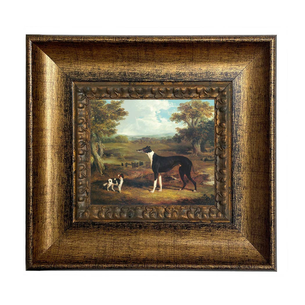 Greyhound and King Charles Spaniel Painting Print on Canvas: Wide Distressed Black/Copper-Bead / 5" x 6"