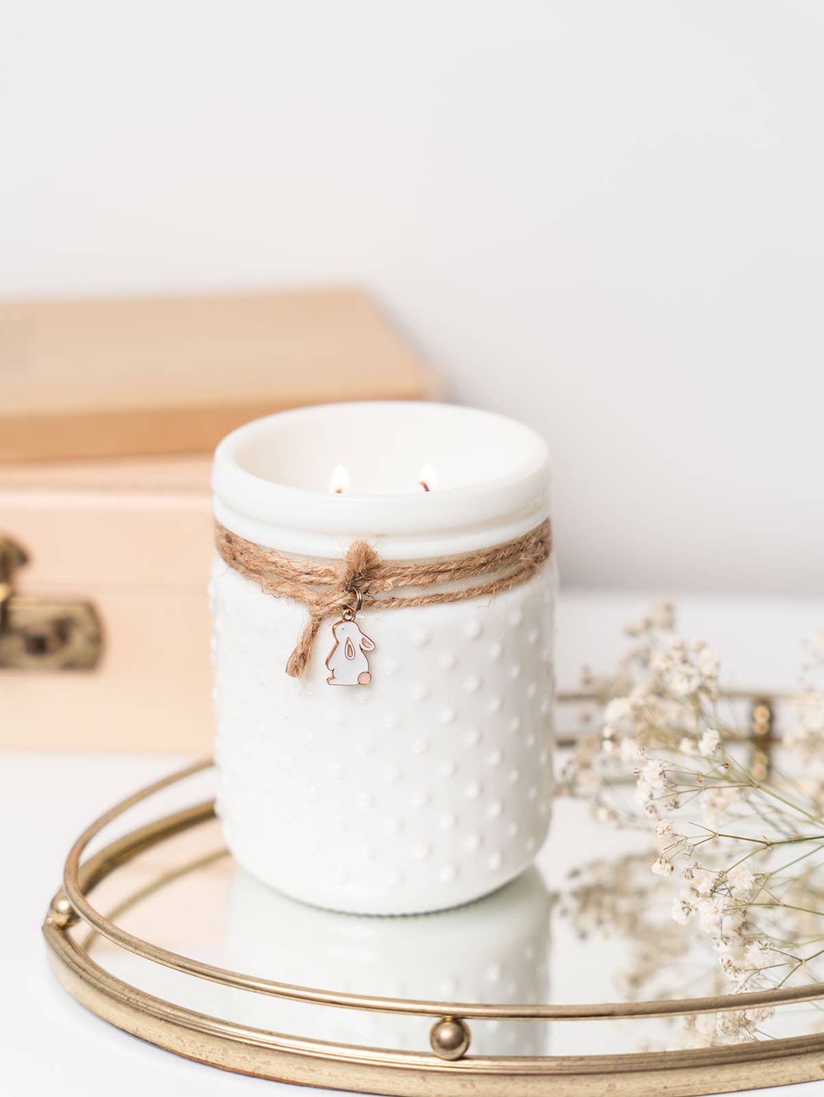 Vintage White Hobnail Candle with Bunny Charm: Gardenia