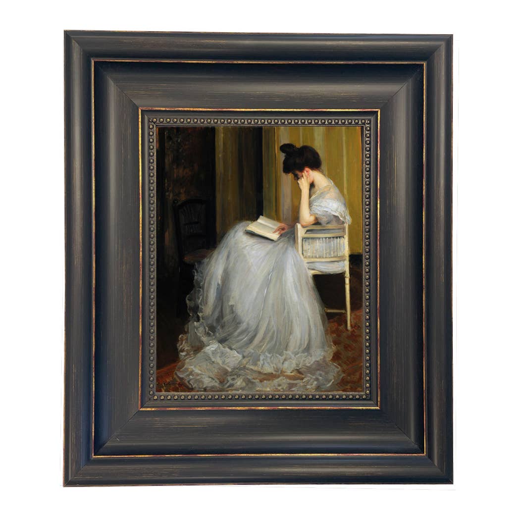 Woman Reading | Vintage Framed Painting Print on Canvas: Antiqued Gold / 5" x 6"