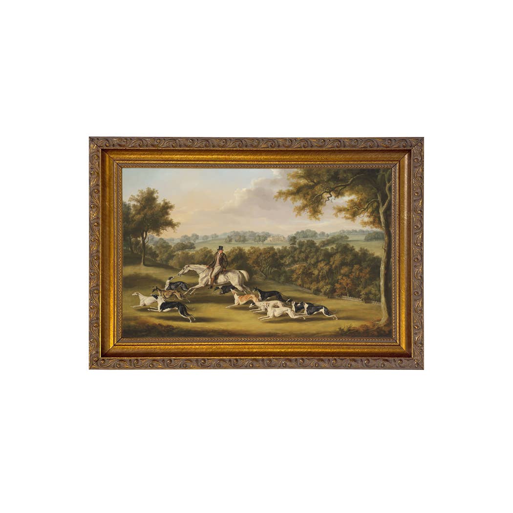 Horse & Hunter with Greyhounds by William Davis | Wall decor: Gold Florentine Leaf / 7″ x 11″