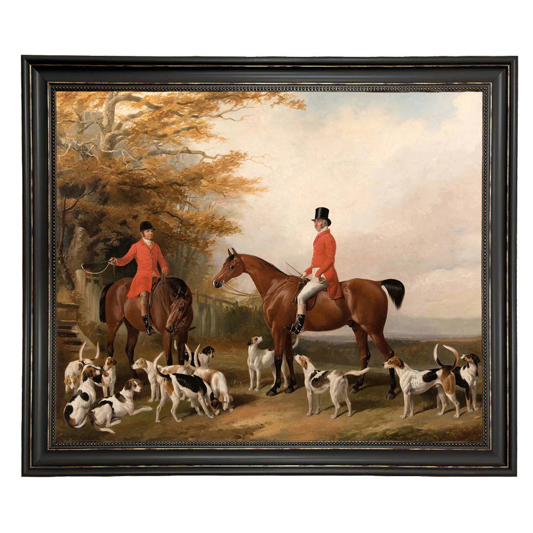 The Meeting Fox Hunt Scene Vintage Painting Print on Canvas: Gold Florentine Leaf / 8" x 10"