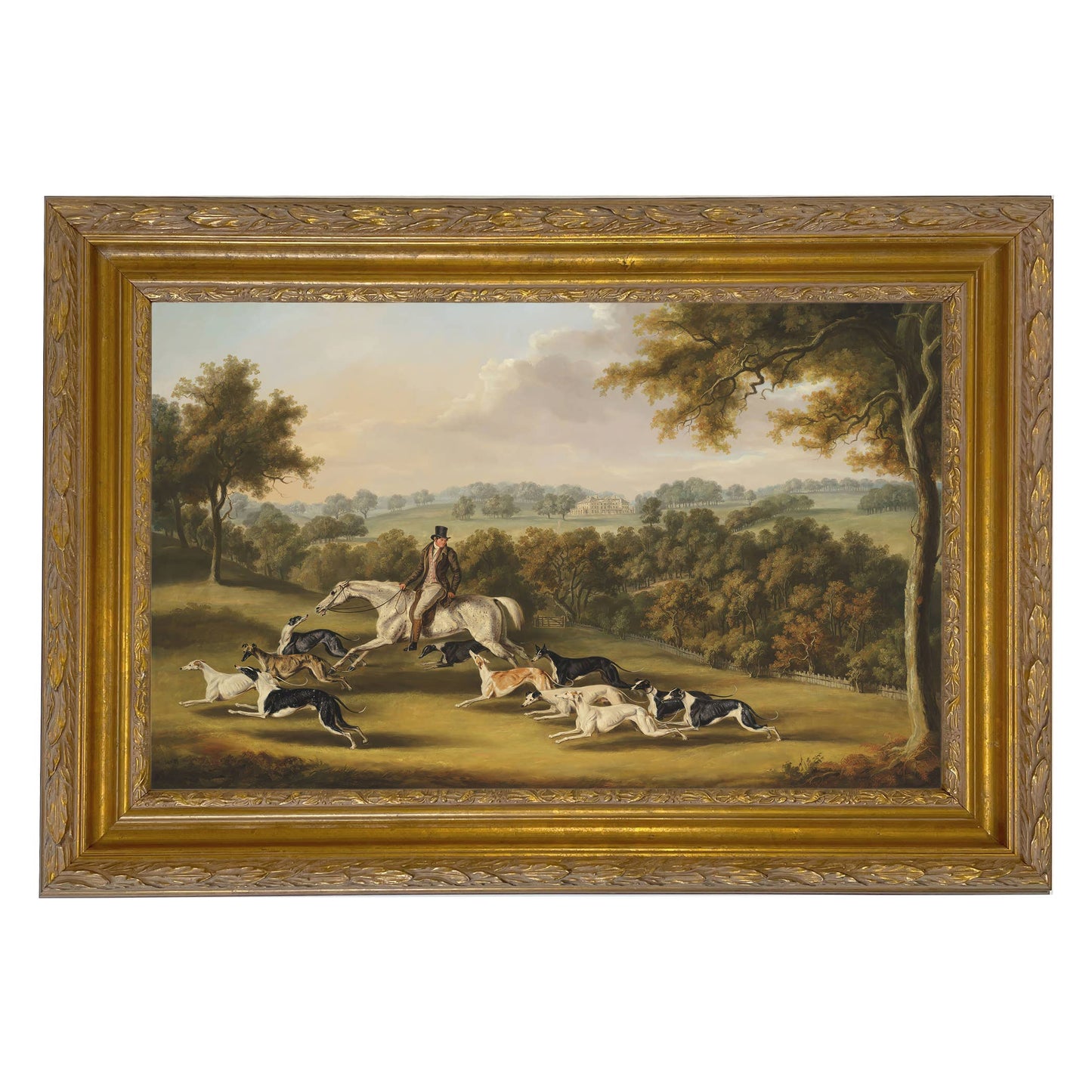 Horse & Hunter with Greyhounds by William Davis | Wall decor: Gold Florentine Leaf / 7″ x 11″