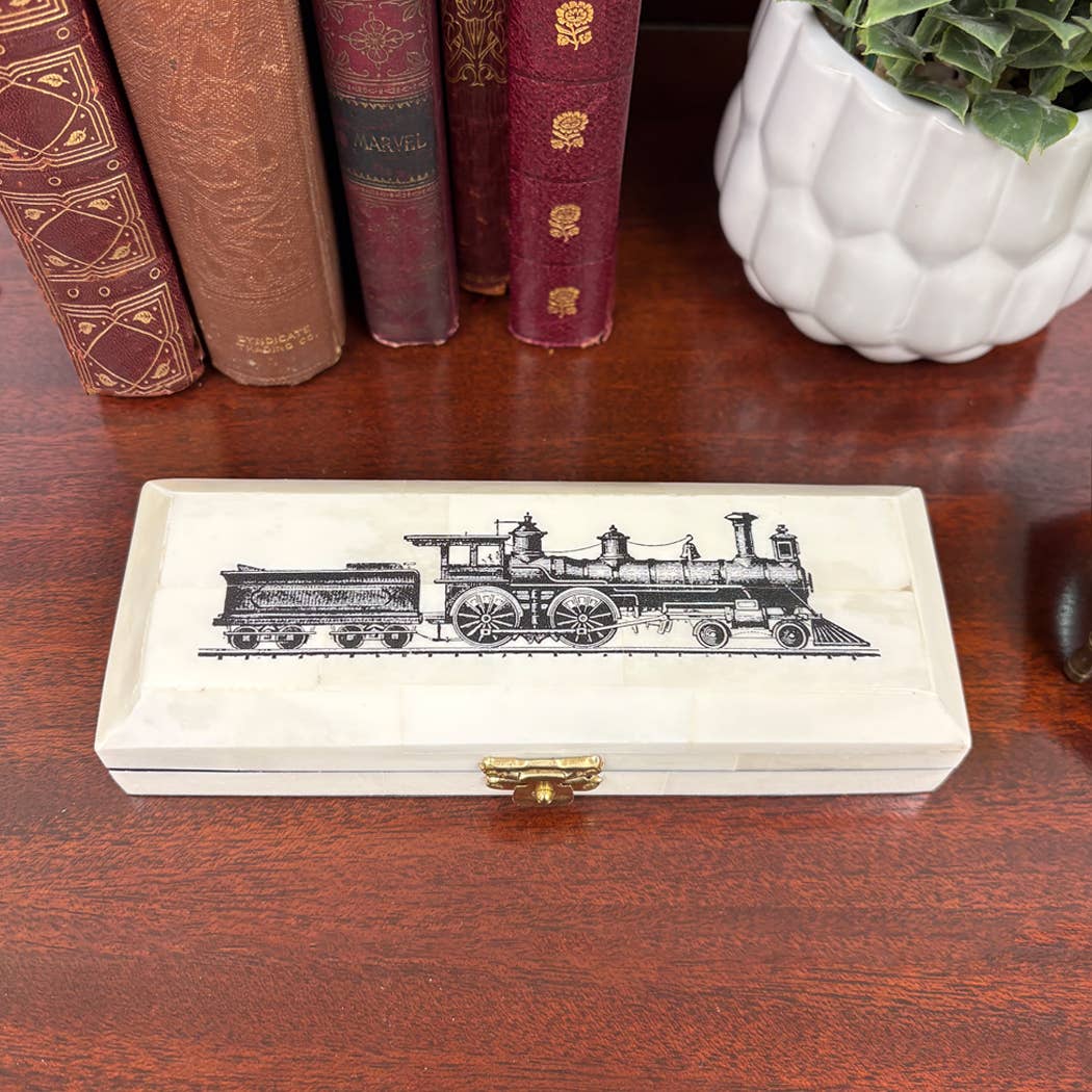 Vintage Train Locomotive Bone Postage Stamp Tabletop Box