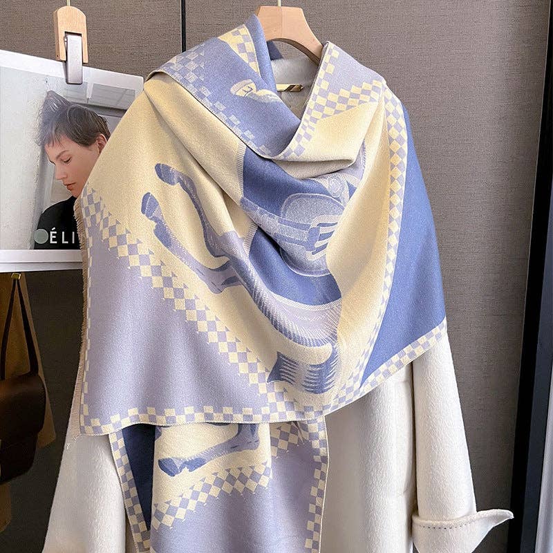 AWST Int'l Horses in Blankets Acrylic Cashmere Scarf: Blue