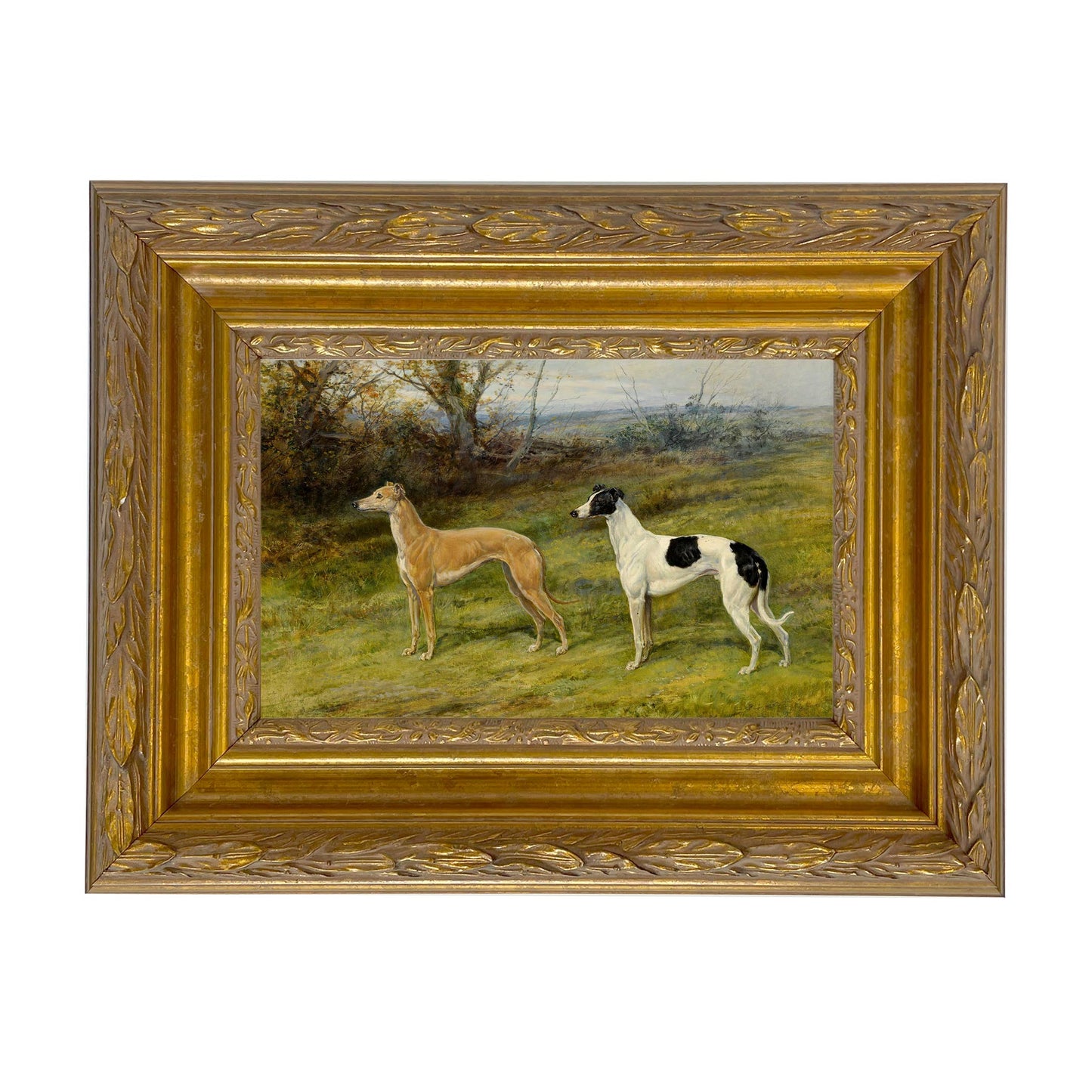 Two Greyhounds by Heywood Hardy Painting Print | Wall art: Ornate Antiqued Gold/Gesso / 7″ x 11″