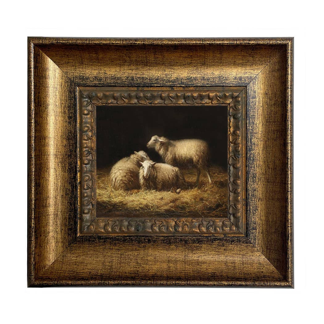Sheep in the Hay Framed Painting Print on Canvas: Black Distressed / 5" x 6"
