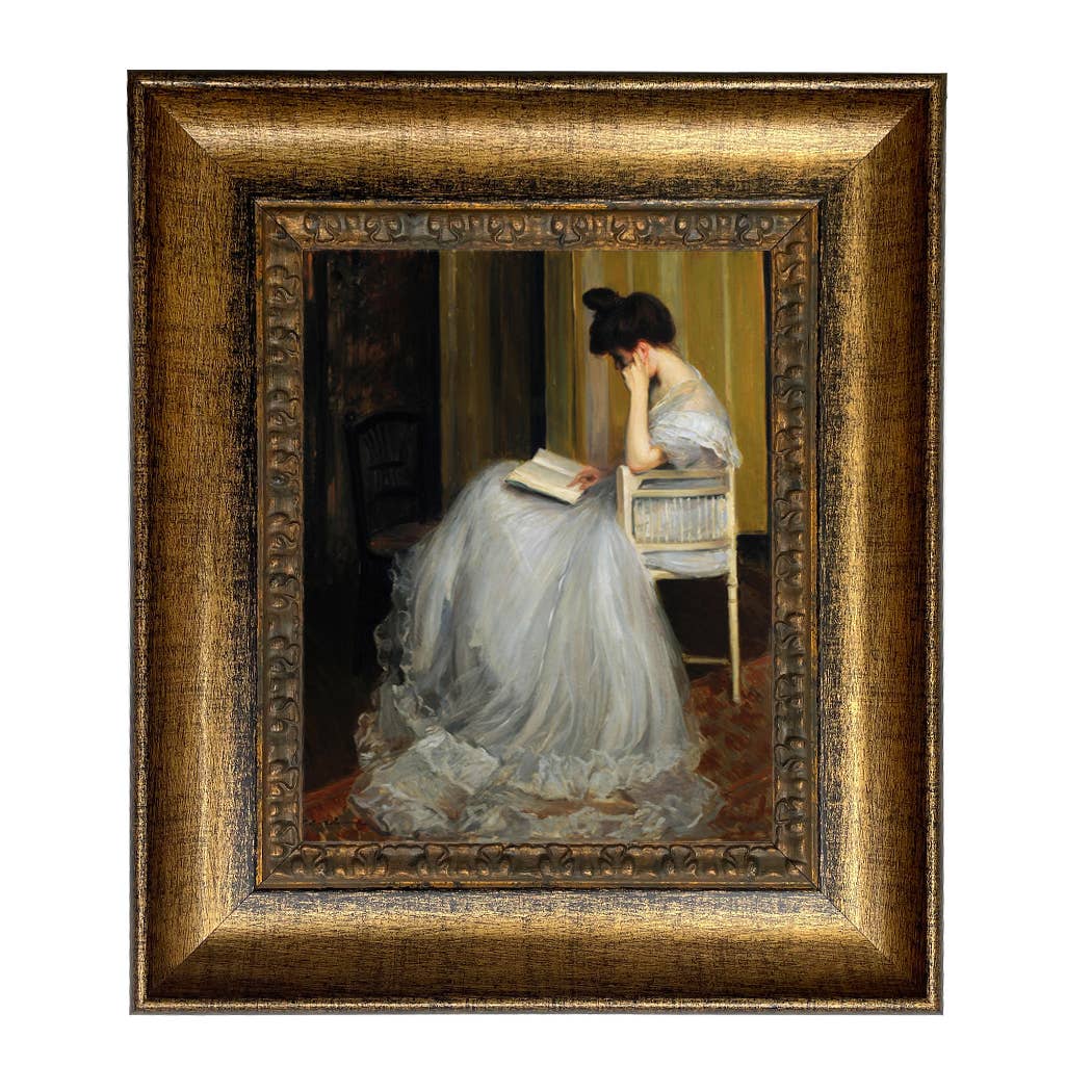 Woman Reading | Vintage Framed Painting Print on Canvas: Antiqued Gold / 5" x 6"