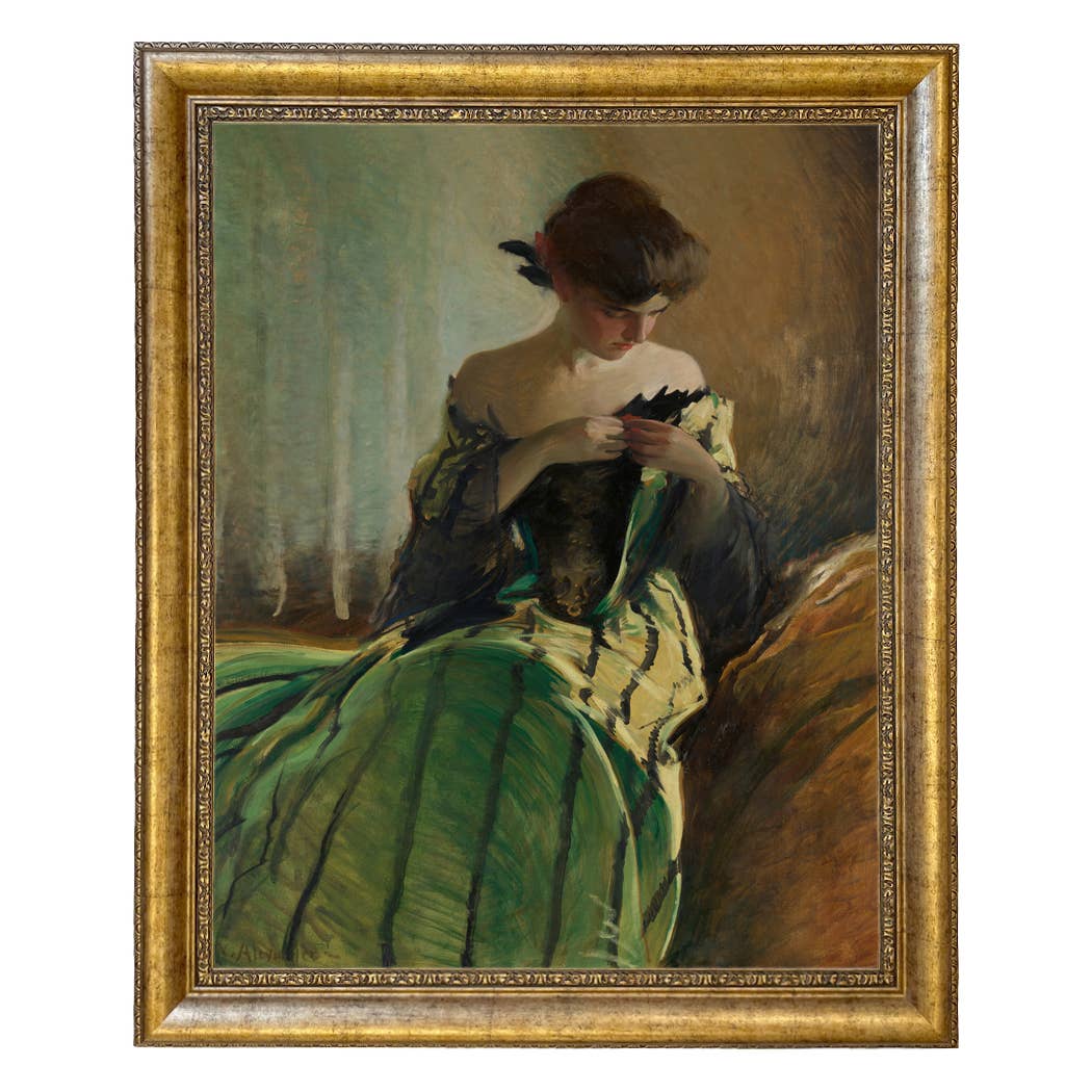 Woman in Black and Green Dress Vintage Canvas Painting Print: Ornate Antiqued Gold / 8" x 10"