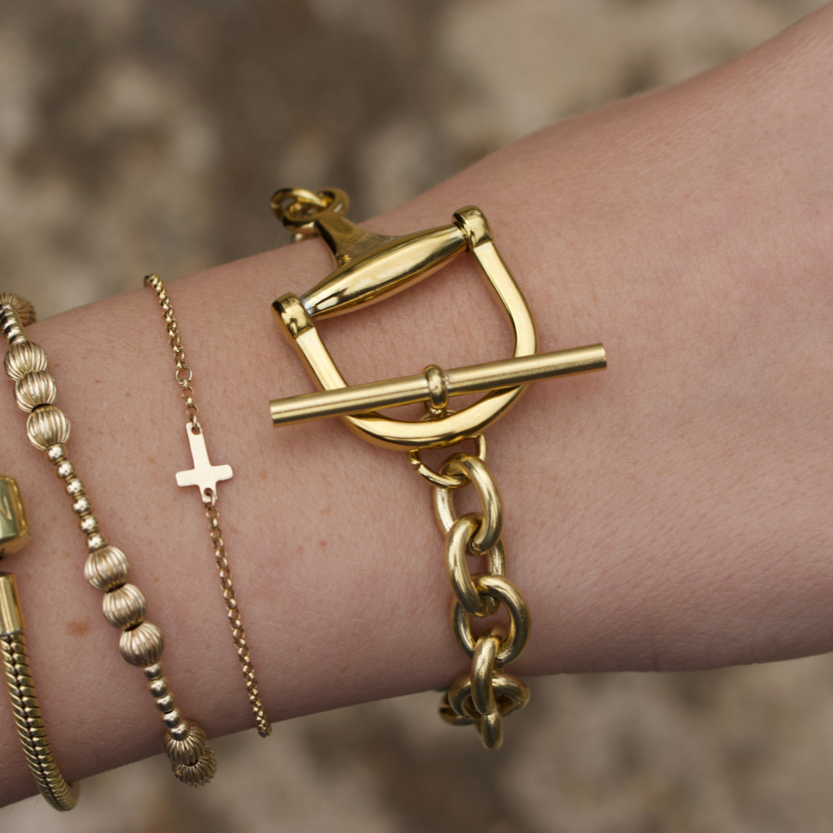 Equestrian Horse Bit Toggle Bracelet - 18k Gold Plated Stainless Steel - Toggle Closure