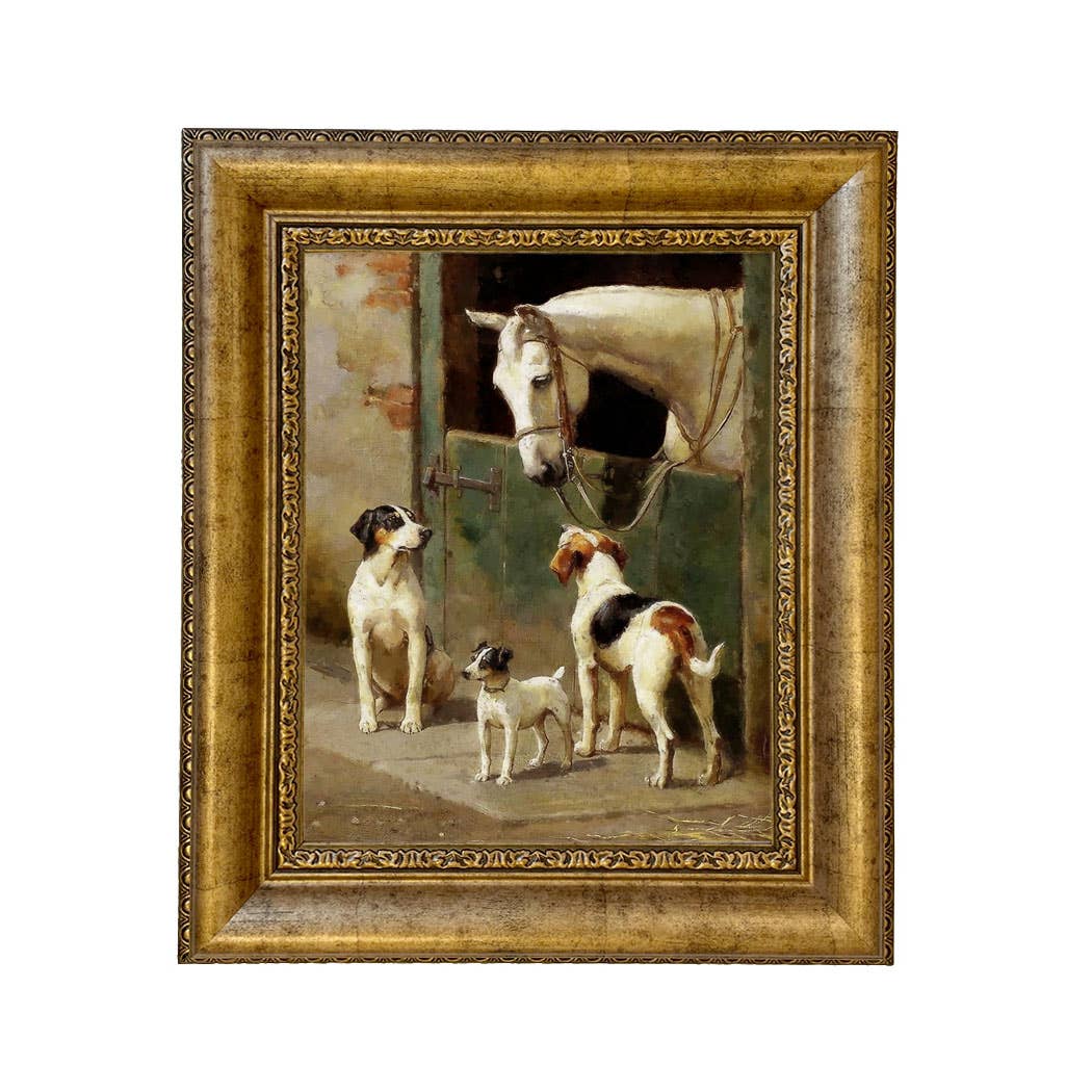 Dog and Horse at Stable Vintage Painting Print on Canvas: Leather-look Black/Antiqued Gold / 5" x 6"