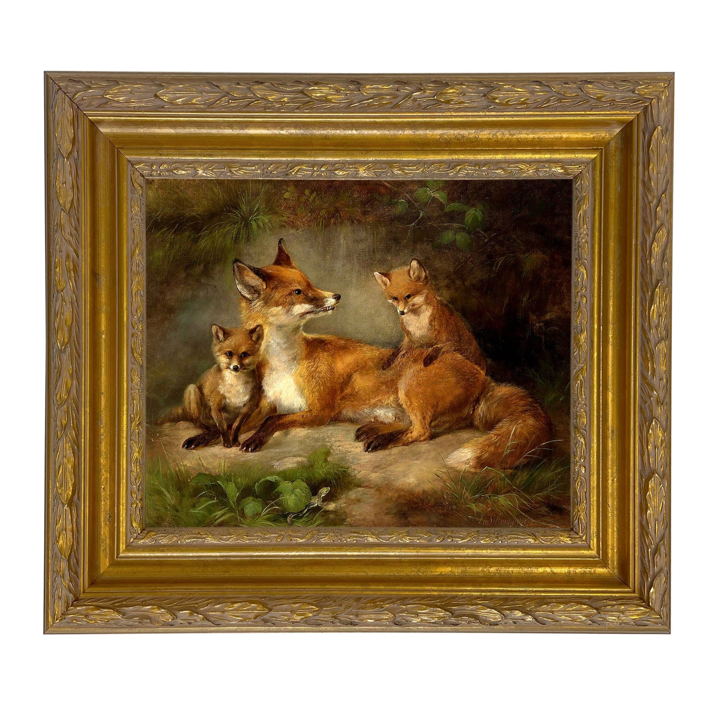 Family of Foxes Vintage Painting Print on Canvas Wall Art: Gold Florentine Leaf / 5" x 6"