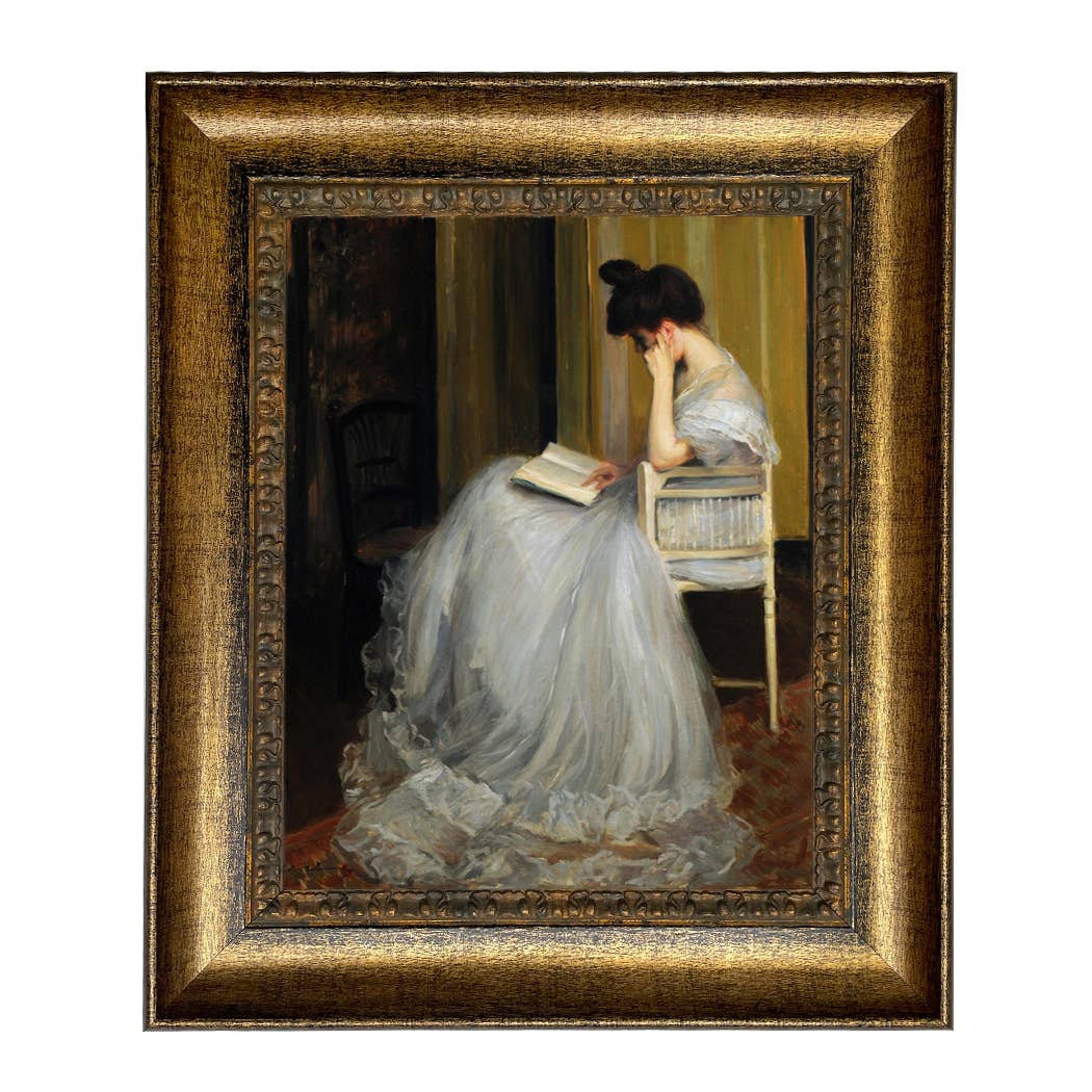 Woman Reading | Vintage Framed Painting Print on Canvas: Antiqued Gold / 5" x 6"