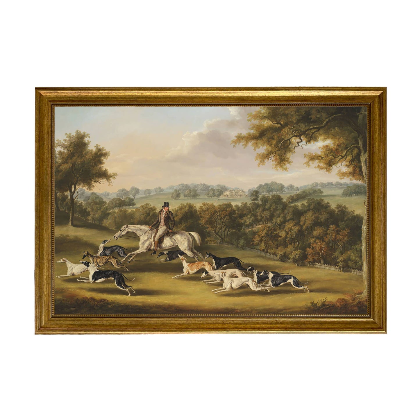 Horse & Hunter with Greyhounds by William Davis | Wall decor: Gold Florentine Leaf / 7″ x 11″
