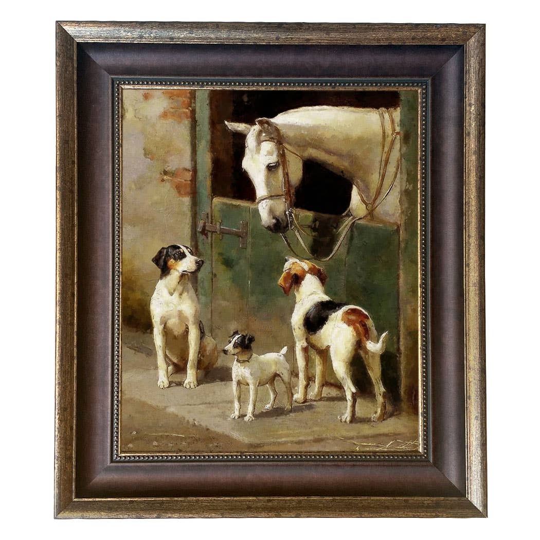 Dog and Horse at Stable Vintage Painting Print on Canvas: Wide Distressed Black/Copper-Bead / 8" x 10"