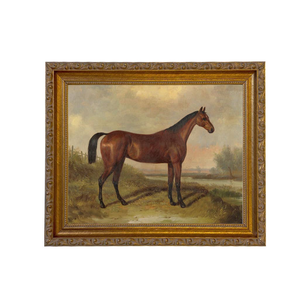 Hunter in a Landscape Vintage Painting Print on Canvas: Gold Florentine Leaf / 8" x 10"