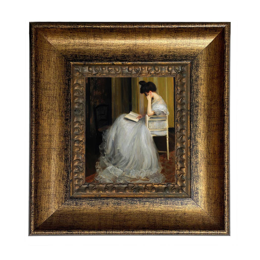 Woman Reading | Vintage Framed Painting Print on Canvas: Antiqued Gold / 5" x 6"