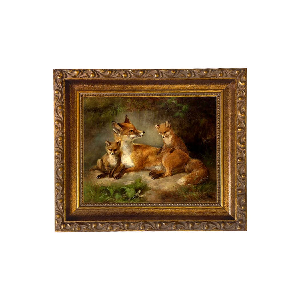 Family of Foxes Vintage Painting Print on Canvas Wall Art: Gold Florentine Leaf / 5" x 6"