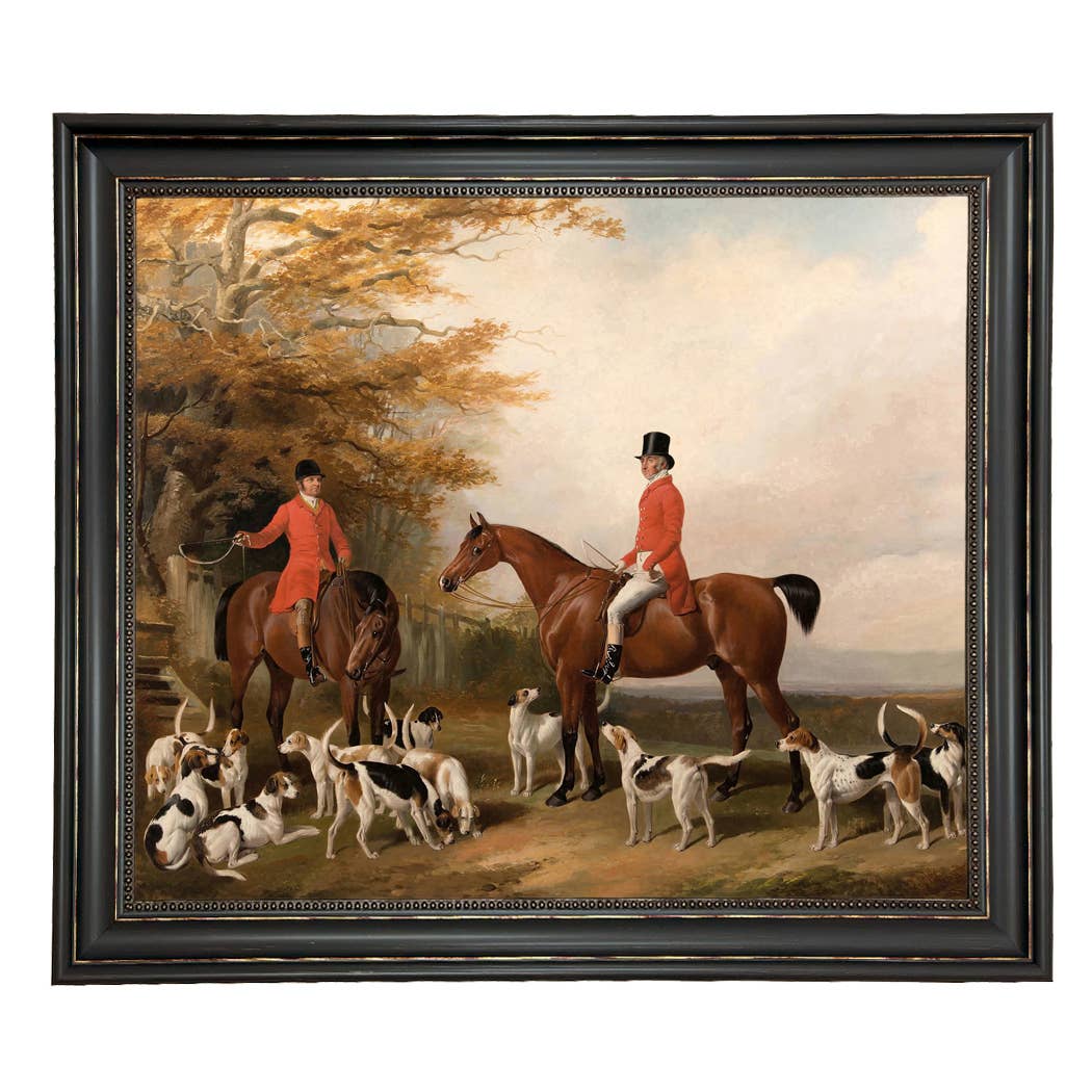 The Meeting Fox Hunt Scene Vintage Painting Print on Canvas: Gold Florentine Leaf / 8" x 10"