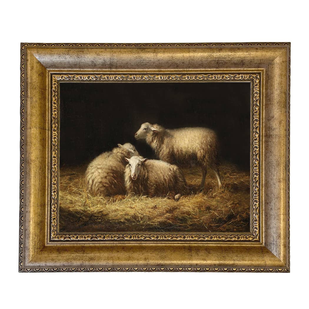 Sheep in the Hay Framed Painting Print on Canvas: Black Distressed / 5" x 6"