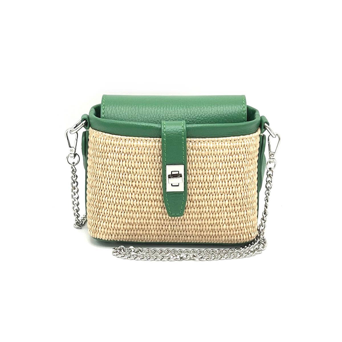 Summer collection, raffia and leather mini chain bag, Made in Italy, art. 112475: Camel
