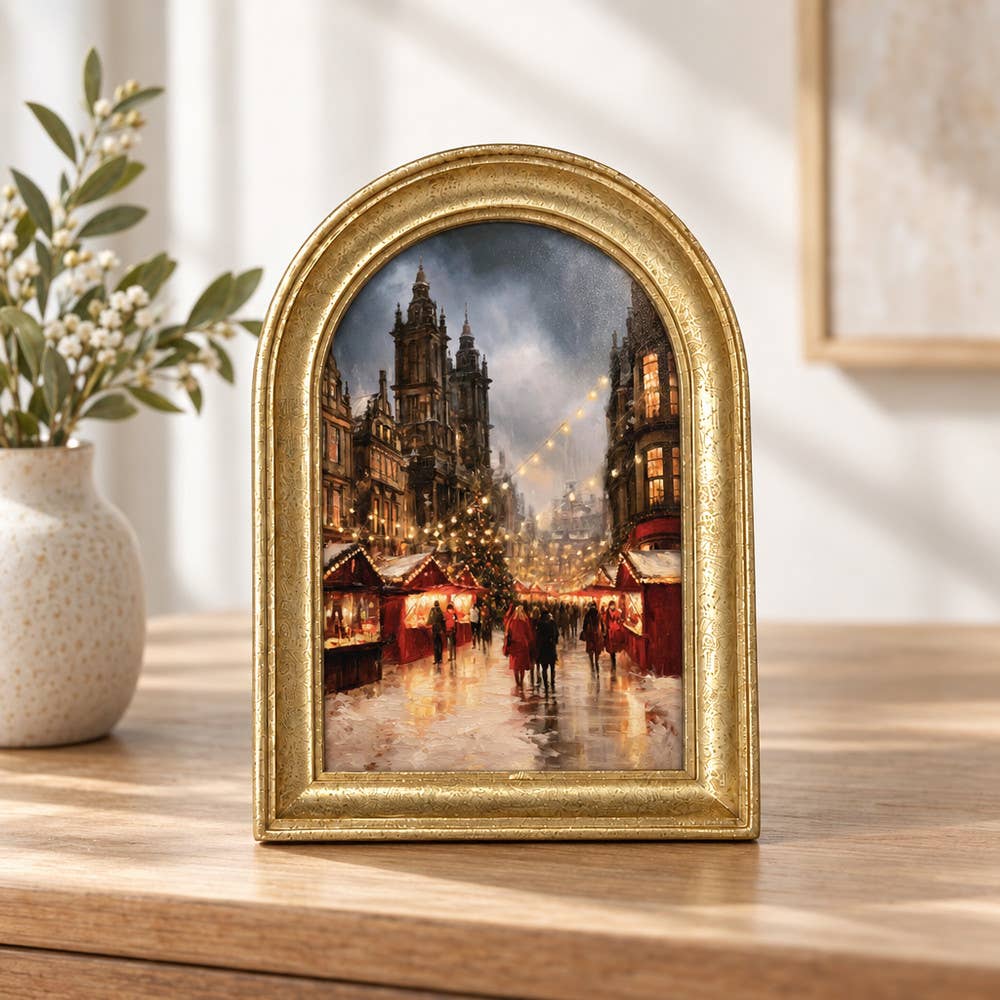 Gold Arch Framed Vintage Style Christmas Market Art Print