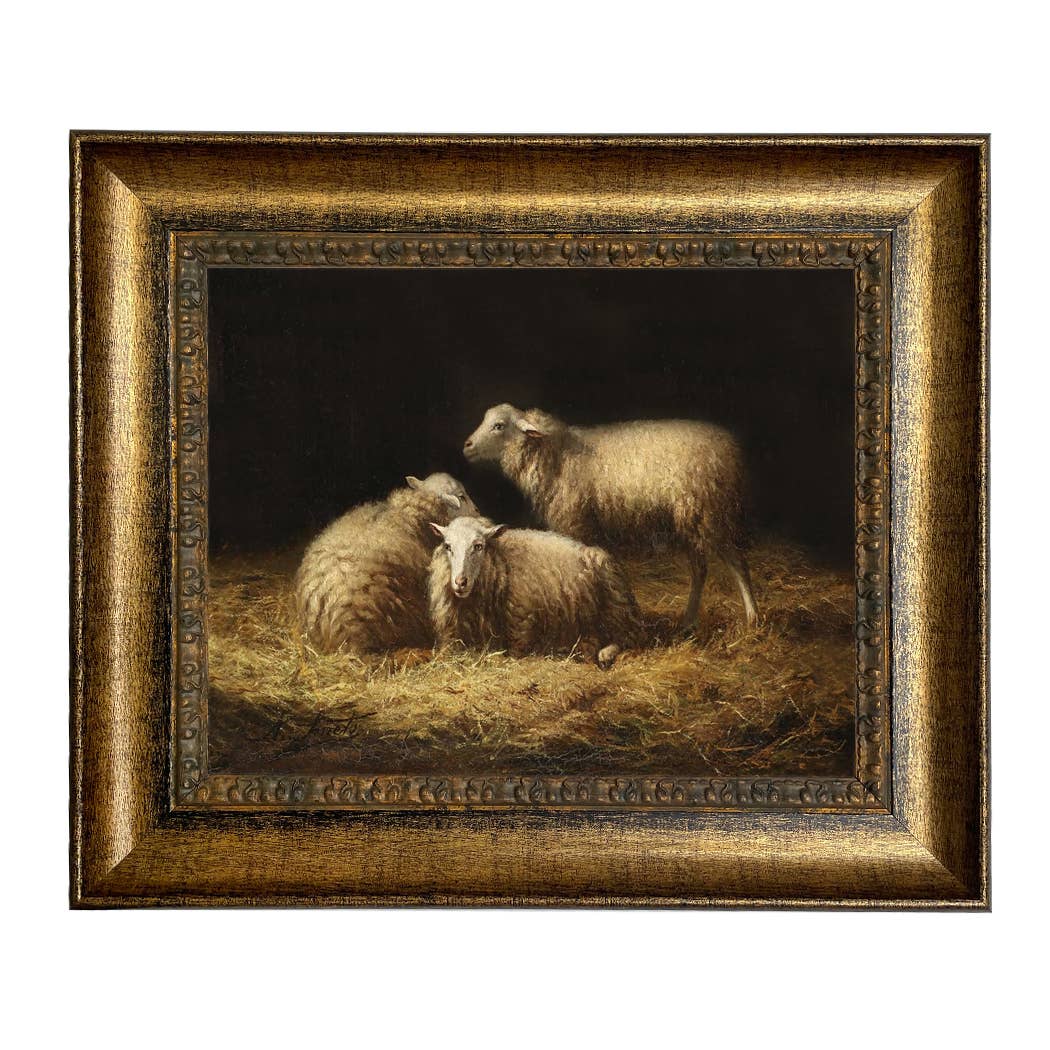 Sheep in the Hay Framed Painting Print on Canvas: Black Distressed / 5" x 6"