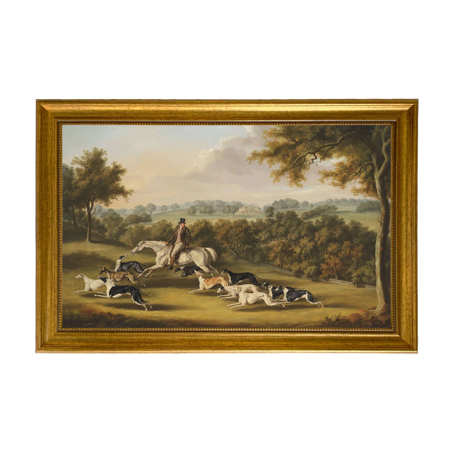 Horse & Hunter with Greyhounds by William Davis | Wall decor: Gold Florentine Leaf / 7″ x 11″