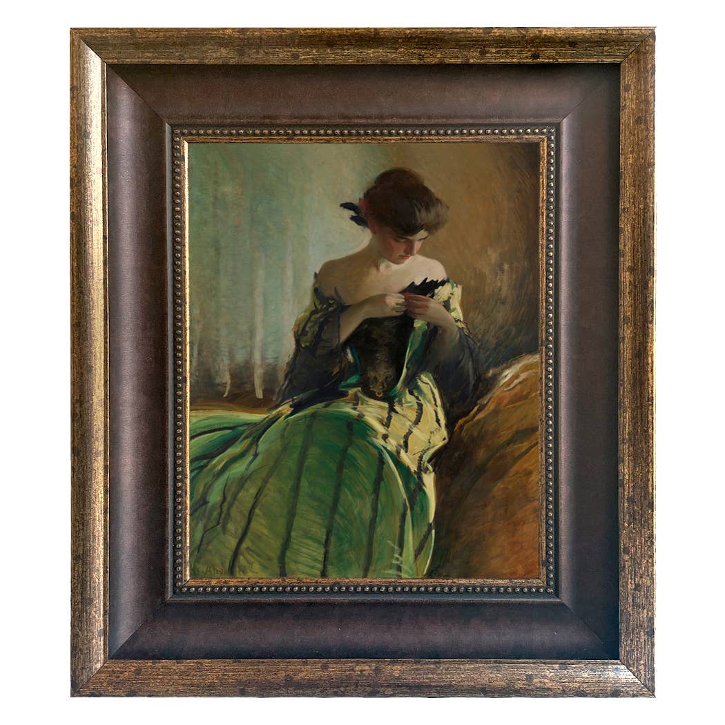 Woman in Black and Green Dress Vintage Canvas Painting Print: Ornate Antiqued Gold / 8" x 10"