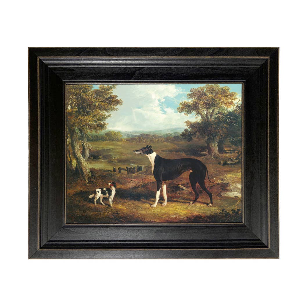 Greyhound and King Charles Spaniel Painting Print on Canvas: Wide Distressed Black/Copper-Bead / 5" x 6"