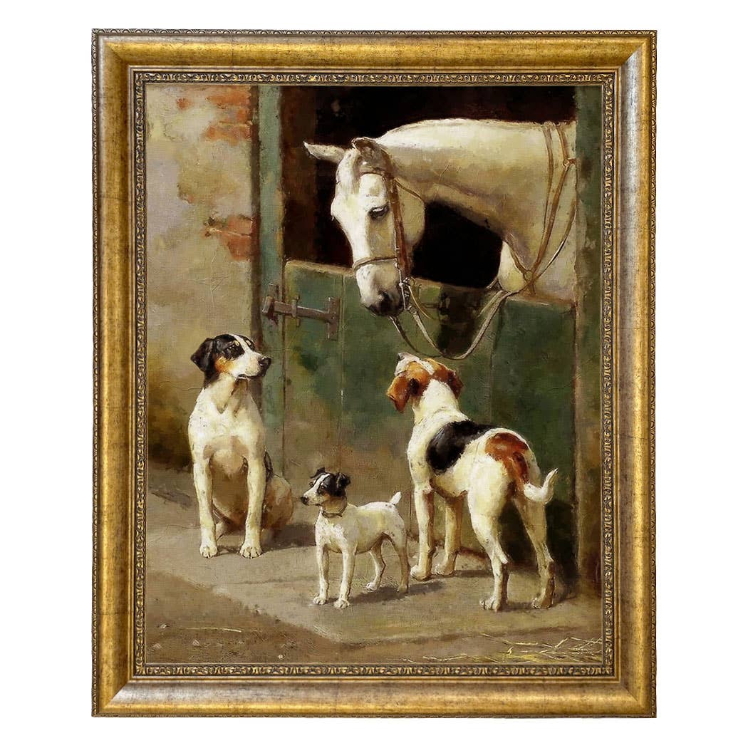 Dog and Horse at Stable Vintage Painting Print on Canvas: Leather-look Black/Antiqued Gold / 5" x 6"