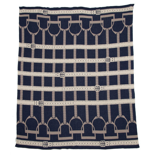 Cotton Sustainable Knit Throw Blanket - Equestrian Stirrup: Navy Blue