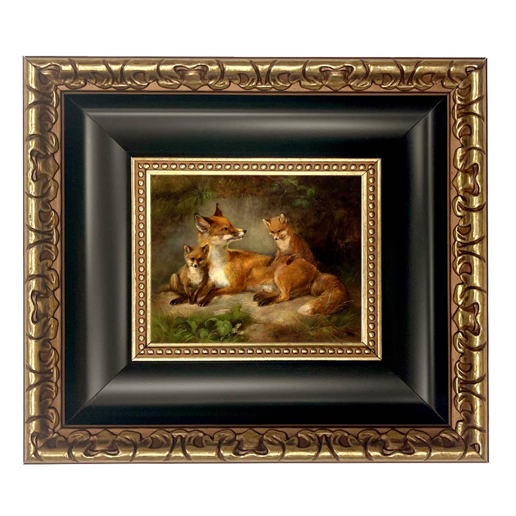 Family of Foxes Vintage Painting Print on Canvas Wall Art: Narrow Distressed Black/Copper-Bead / 5" x 6"