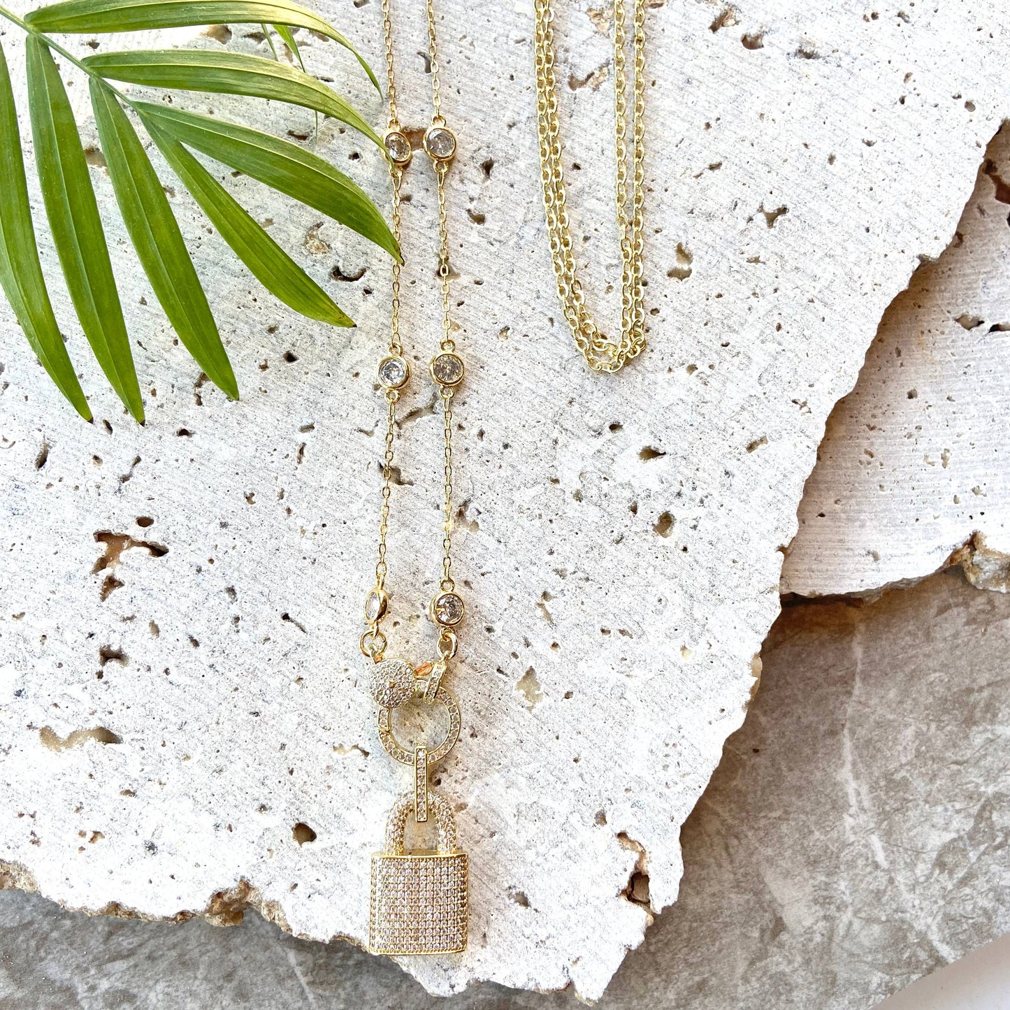 Gold Lock Necklace w/ Crystals