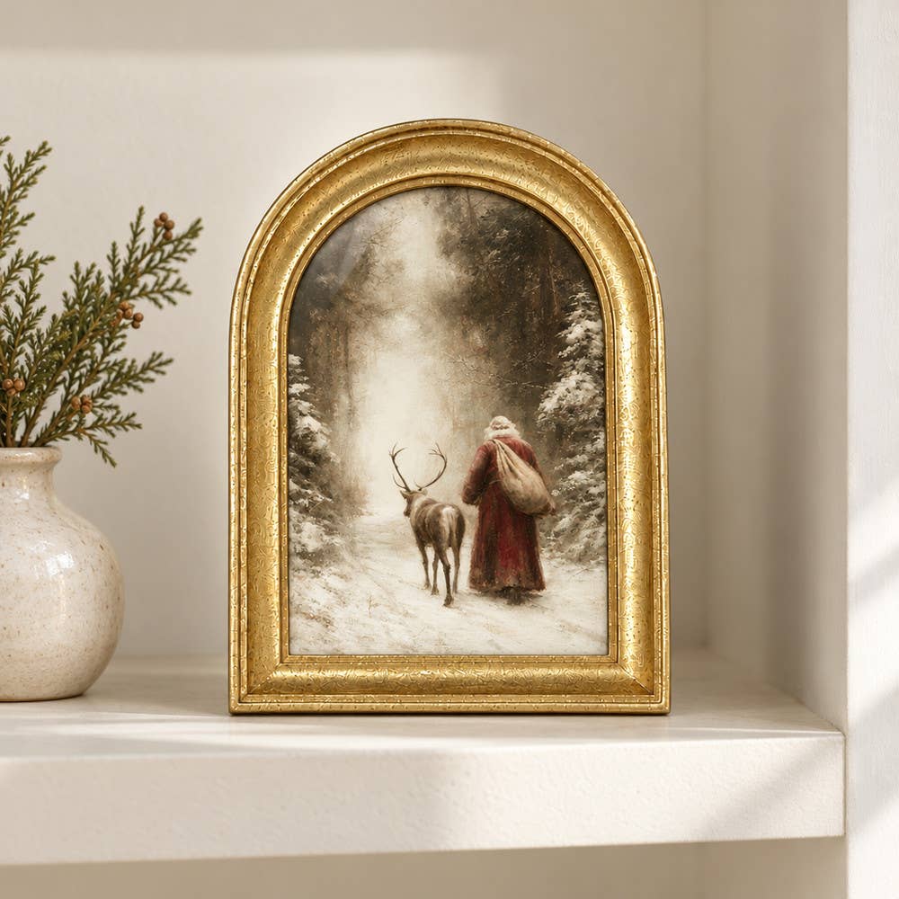 Gold Arch Framed Old World Santa Walking Reindeer Art Print