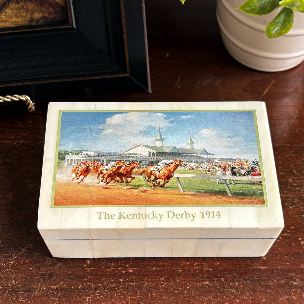 Kentucky Derby 1914 Color Printed Bone Trinket Box, 5-1/4”