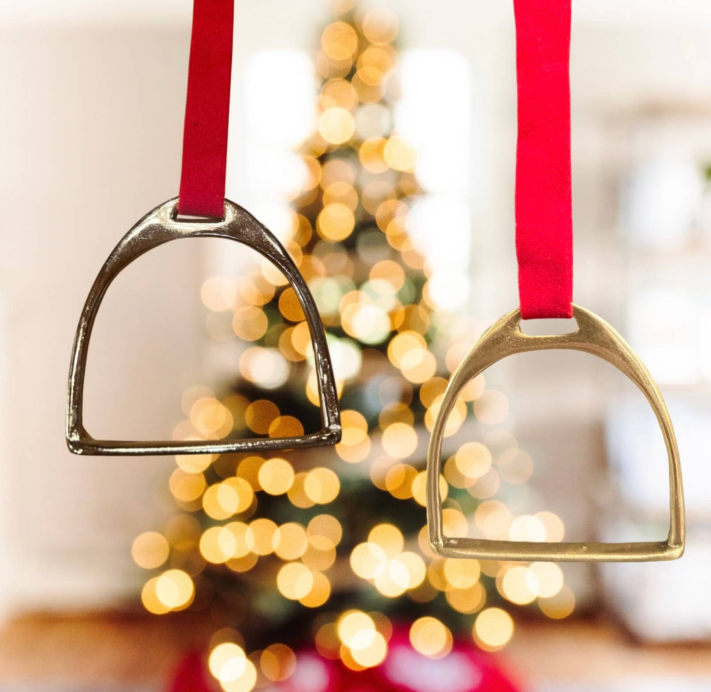 Equestrian Stirrup Iron Christmas Ornament : Gold/Red Ribbon SMALL