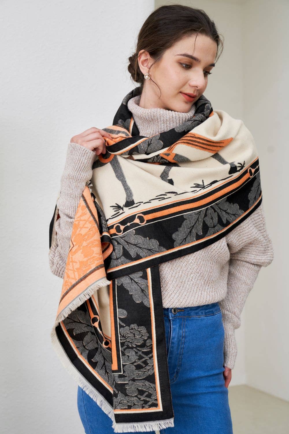 AWST Int'l Baroque Horses Acrylic Cashmere Scarf: Tan