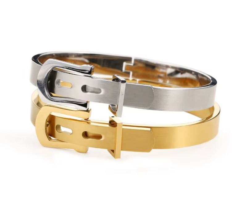  Buckle Bangle Bracelet- Hinged- Stainless Steel - Cuff : Yellow Gold
