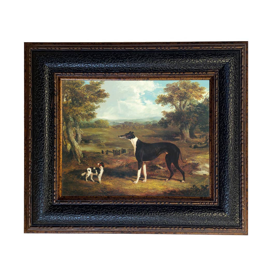 Greyhound and King Charles Spaniel Painting Print on Canvas: Wide Distressed Black/Copper-Bead / 5" x 6"