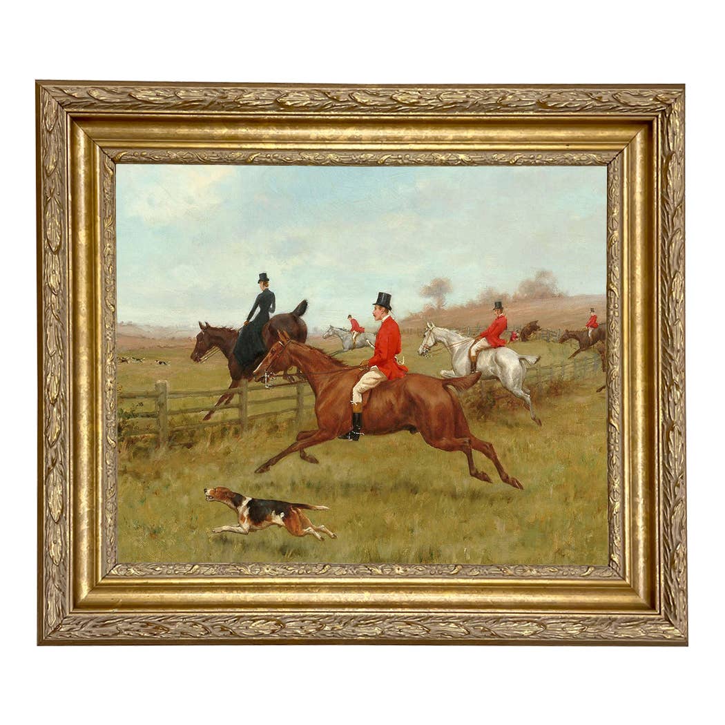 The Chase, Fox Hunting Vintage Painting Print : Antiqued Gold / 5" x 6"