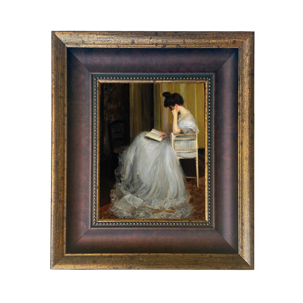 Woman Reading | Vintage Framed Painting Print on Canvas: Antiqued Gold / 5" x 6"