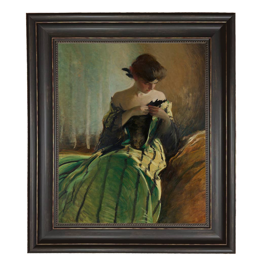Woman in Black and Green Dress Vintage Canvas Painting Print: Ornate Antiqued Gold / 8" x 10"