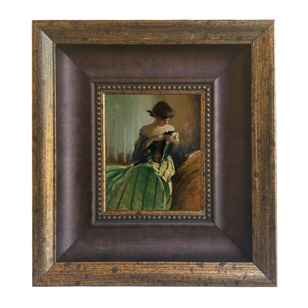 Woman in Black and Green Dress Vintage Canvas Painting Print: Ornate Antiqued Gold / 8" x 10"