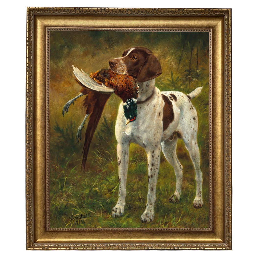 English Pointer with Pheasant Painting Print on Canvas: Distressed Black / 5" x 6"