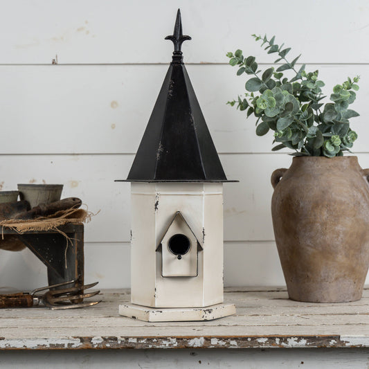 WHITE BIRDHOUSE W/ BLACK POINTED ROOF