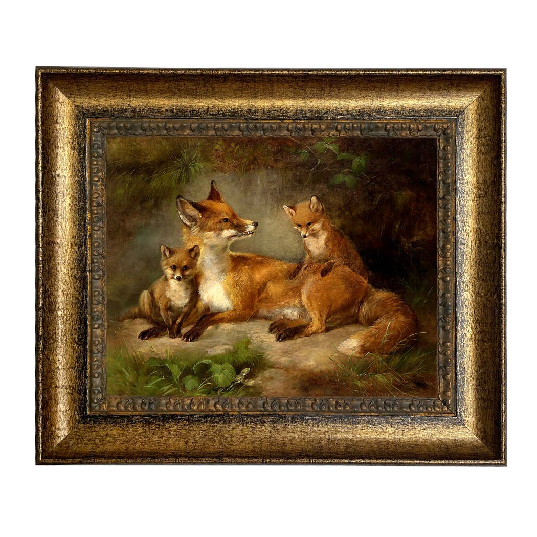 Family of Foxes Vintage Painting Print on Canvas Wall Art: Black Distressed / 5" x 6"