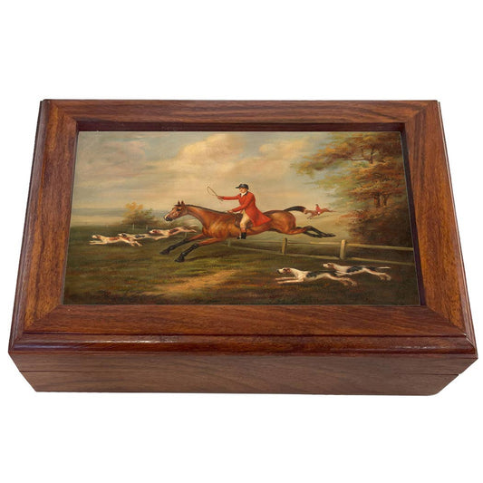 Fox Hunting Scene Decorative Vintage Wood Trinket Box: Wood and glass / Medium