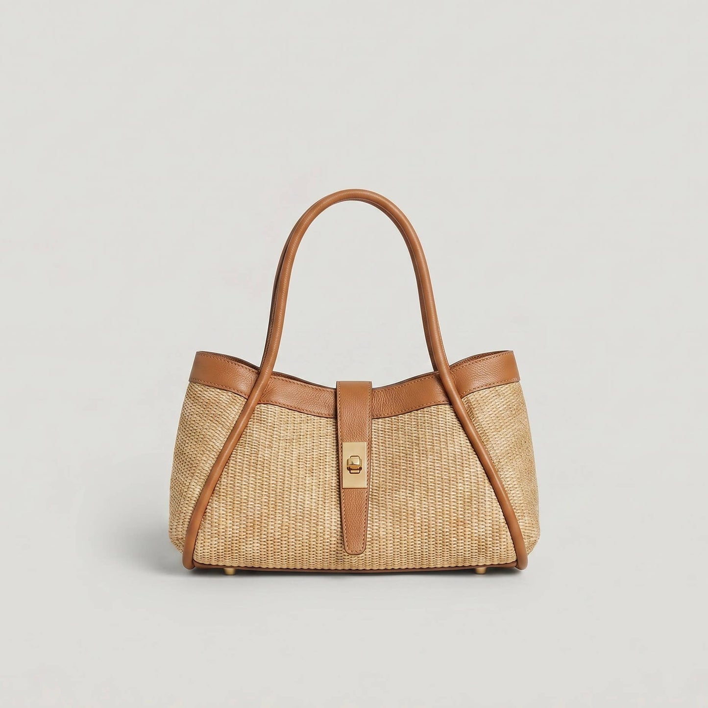 Medium raffia bag with Togo leather details 35x20x15 cm: Cognac