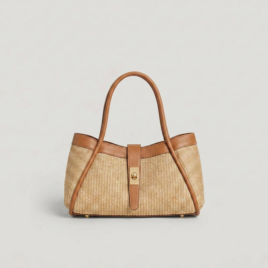 Medium raffia bag with Togo leather details 35x20x15 cm: Cognac