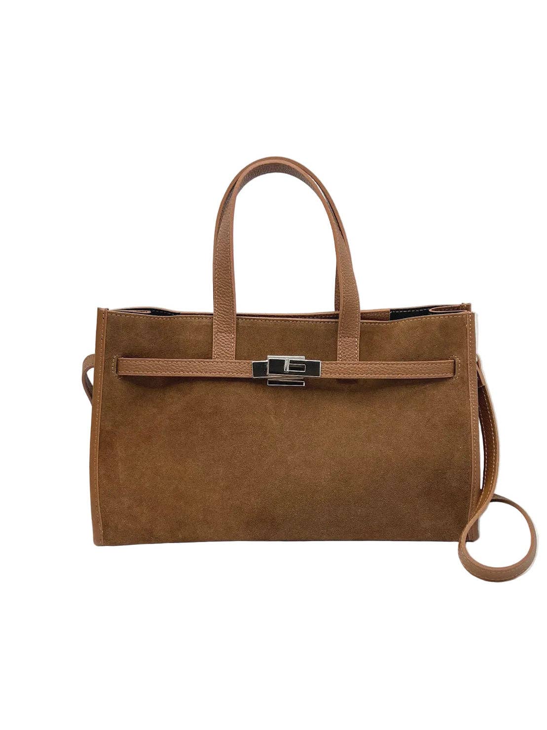 Suede and Genuine Leather Handbag with Crossbody Strap,  Made in Italy, art. 112782: Brown
